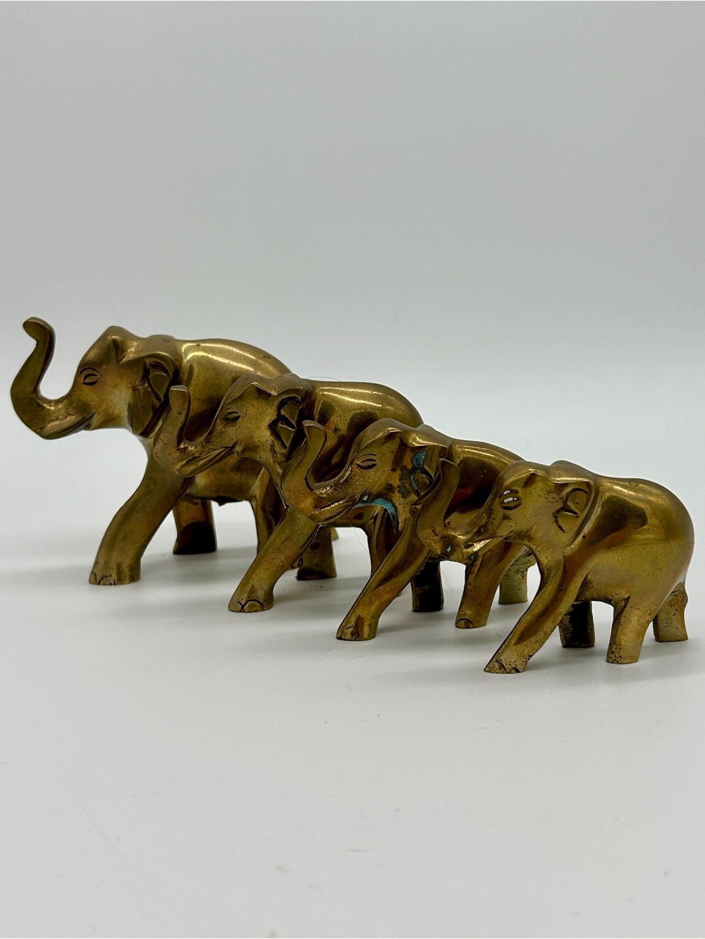 Vintage Solid Brass Elephant Family Figurines Set 4pc Trunk Up Good Luck India